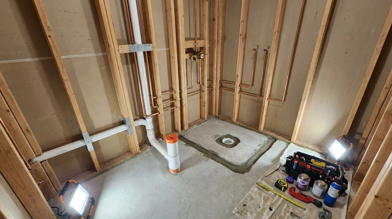 Bathroom rough-in plumbing during remodel by Johns Plumbing LLC in Coventry