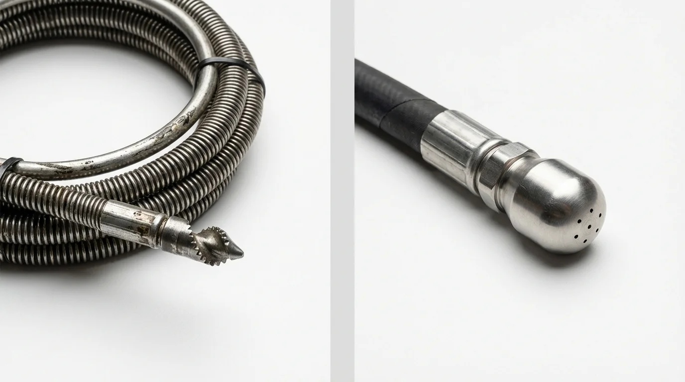 Drain snake cable and hydro jetting nozzle used for drain cleaning in Coventry, RI