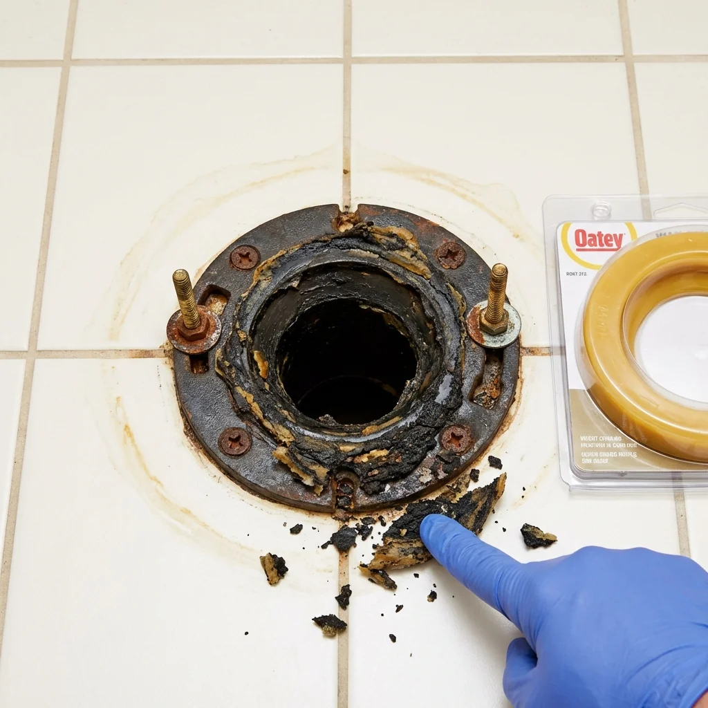 Failed wax ring showing water seepage at the base of a toilet in a Coventry, RI home