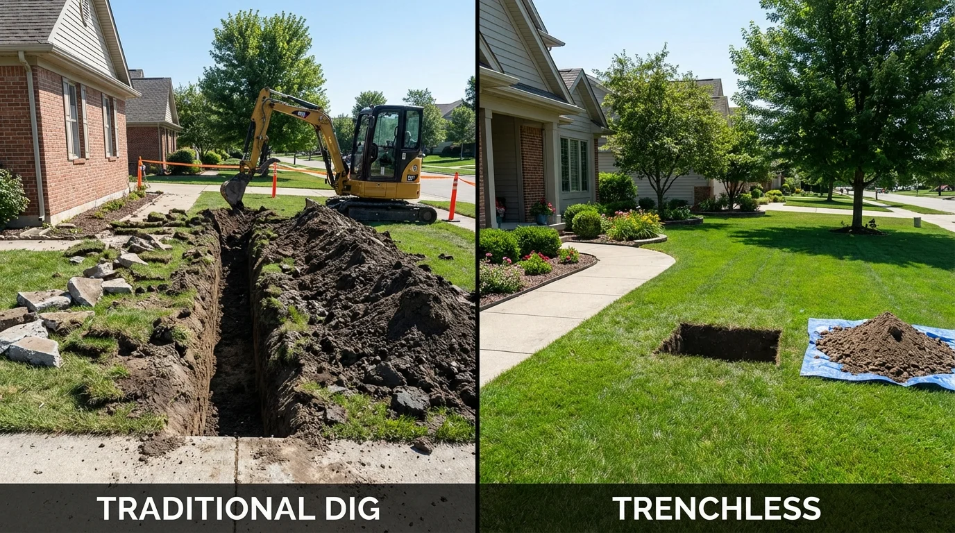 Trenchless sewer repair with minimal yard damage versus traditional excavation in Coventry, RI